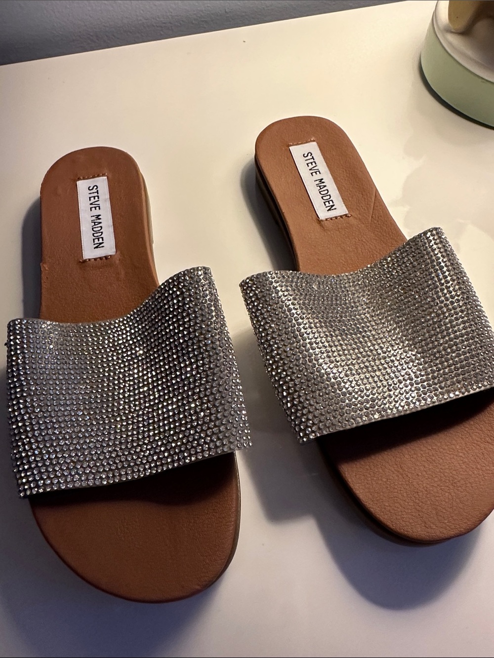 Steve Madden Silver Crystal Slide Sandals with Tan Footbed